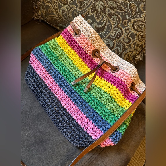 Lauren Ralph Lauren Crochet Straw Debby Drawstring Colorful Crossbody Bucket Bag - Picture 8 of 12